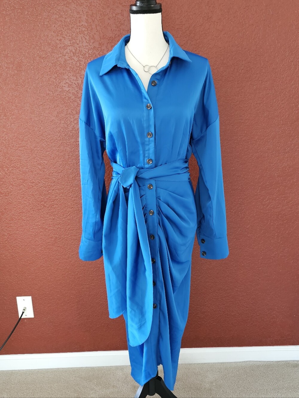 Asymmetrical Blue Satin Button-Front Dress with Waist Tie - Picture 2 of 13